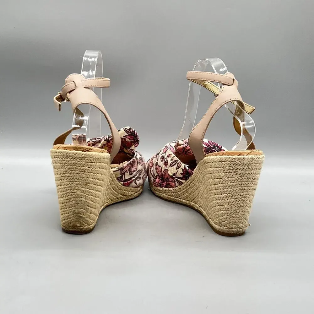 Sam Edelman Sandals Women 10 Pink Cotton Floral Bow Ankle Espadrille Wedge Shoes